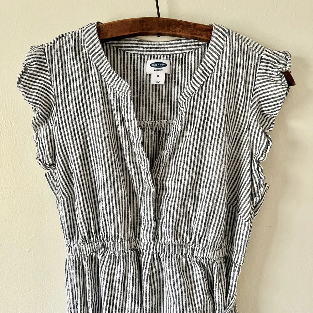 Dark Navy Pinstripe 100% Cotton Maternity Dress Costal Casual Ruffle Sleeve - Picture 9 of 9